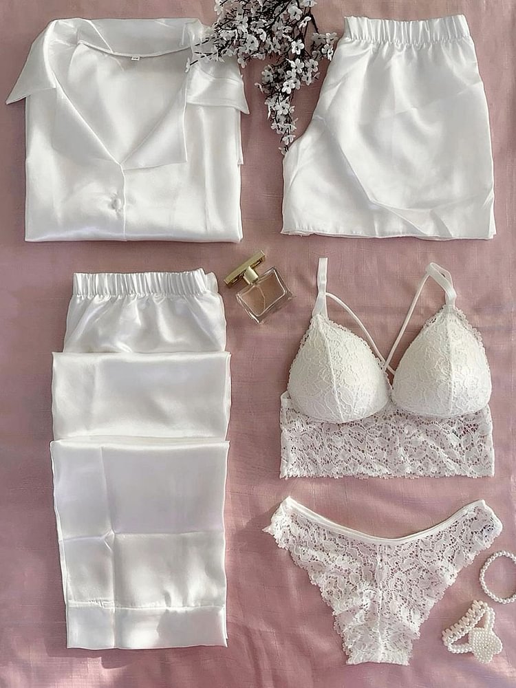 White Night Suit & Bra Penty Set Combo for Women's