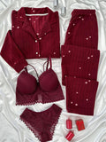 Maroon Love Night Suit & Bra Penty Set Combo for Women's
