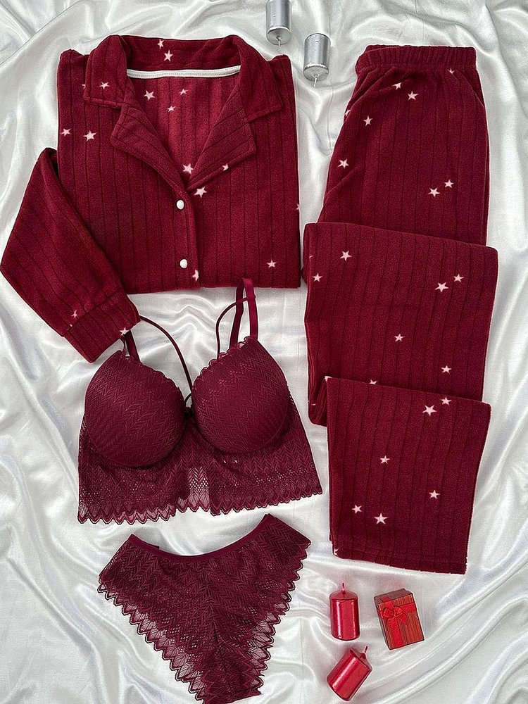 Maroon Love Night Suit & Bra Penty Set Combo for Women's
